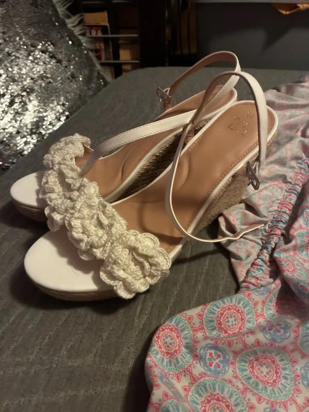 Time and Tru White Crochet Floral Slingback Wedge Sandals